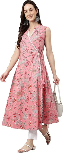 Vista 4 de Janasya Angrakha Kurta de algodón rosa con estampado floral para mujeres indias