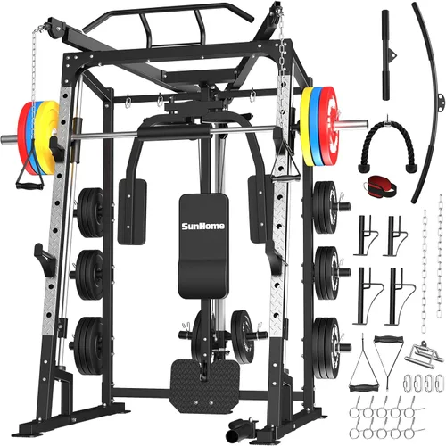 Vista 13 de SunHome Smith Machine, soporte para sentadillas Power Cage con barra Smith, sistemas de tracción LAT, máquina cruzada de cables y accesorio de cable