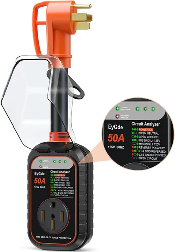 Vista 9 de EyGde Protector de sobretensiones para RV de 30 amperios, analizador de circuito RV con cubierta impermeable, protector de voltaje de potencia