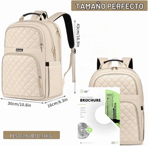 Vista 4 de Mochila Kuosdaz para Mujeres, Beige, 15,6 pulg., Moderno