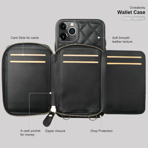Vista 7 de Bocasal Funda tipo cartera cruzada para iPhone 11 Pro Max, con bloqueo RFID, de piel sintética, con cremallera, funda tipo cartera con función atril