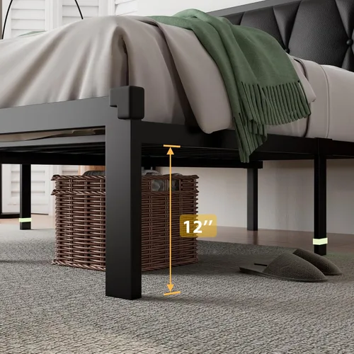 Vista 5 de iPormis Marco de cama tamaño matrimonial de metal, cama con cabecera tapizada con botones de piel sintética, soporte de listones resistentes, 30 cm