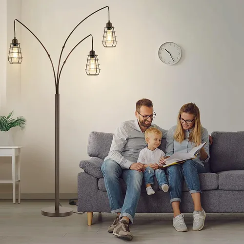 Vista 7 de Lámpara de Pie Industrial, Lámpara de Pie de Arco de 3 Luces para Sala de Estar, Lámpara de Pie Alta de 76 Pulgadas con Pantallas de Jaula de Metal