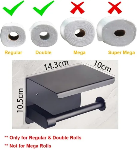 Vista 2 de Soporte de papel higiénico de un solo rollo con estante para teléfono, dispensador de pañuelos de acero inoxidable montado en la pared para baño