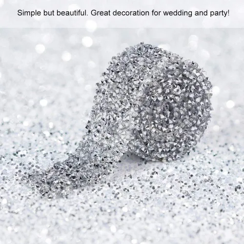 Vista 6 de Rollo de cinta de cristal de diamantes de imitación con adhesivo, 1.2 in x 1 yarda, banda de decoración plateada brillante para bodas, fiestas