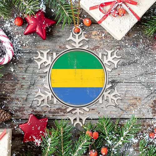 Vista 7 de Adorno colgante de Navidad de Gabón, bandera de Gabón, regalo de vacaciones, copo de nieve de metal, adorno para árbol de Navidad, bandera nacional