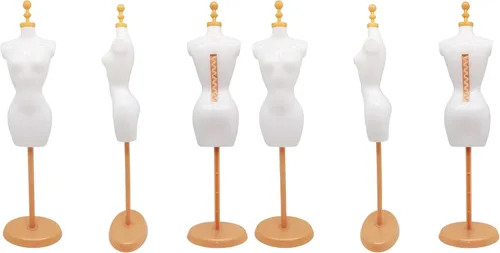 Vista 5 de Forma de vestido de maniquí de muñeca con soporte de base para diseño de ropa y exhibición de joyas de disfraces (oro negro, 4 piezas)