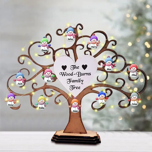 Vista 3 de Árbol genealógico de madera personalizado de muñeco de nieve de Navidad, letrero de árbol de la vida de madera personalizado, letrero de mesa