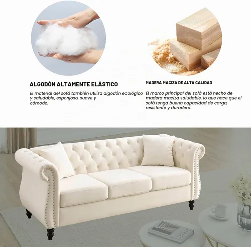 Vista 2 de Juego de Sofá Combinado de Terciopelo Chesterfield de 2 Piezas para Sala de Estar, Sofá de 3 Plazas y Loveseat con Tapizado Capitoné con 4