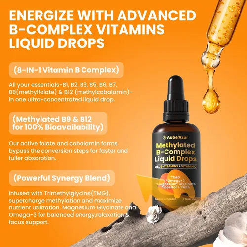 Vista 5 de Methylated B Complex Liquid Drop, vitaminas del complejo B líquido para mujeres, con metil B12, metilfolato, B1, B3, B5, B6, B7, C, Omega-3