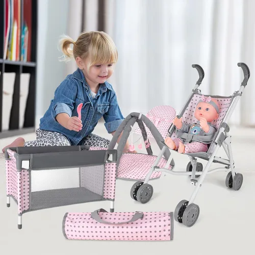 Vista 8 de deAO Muñeca de bebé, cochecito de cuna, cama de guardería, juego de rol, muñeca de bebé con accesorios y alfombra de juego, cuna de viaje, saltador