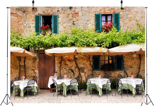 Vista 3 de Telón de fondo de tela de 5 x 3 pies para fotografía de boda, telón de fondo de piedra de la Toscana, telón de fondo para restaurante y mesas
