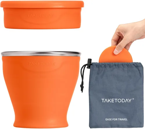 Vista 13 de TakeToday 2 vasos plegables de viaje de 8 onzas, taza de agua plegable de silicona, sin BPA con tapa y bolsa impermeable, juego de vasos para beber