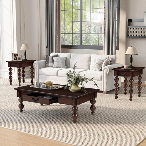 Vista 7 de Homora Mesa auxiliar rectangular de madera con cajón de almacenamiento, mesa de cóctel vintage con patas de madera maciza en forma de calabaza, mesa