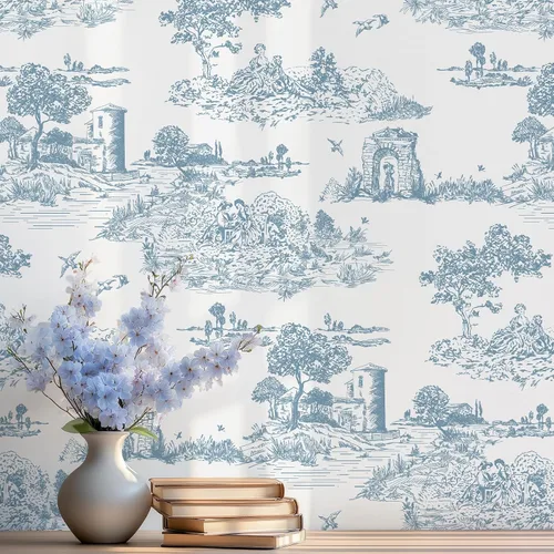 Vista 11 de WENMER Toile de Jouy - Papel de contacto Toile de Jouy, papel tapiz azul y blanco, papel adhesivo vintage de país francés para dormitorio, sala
