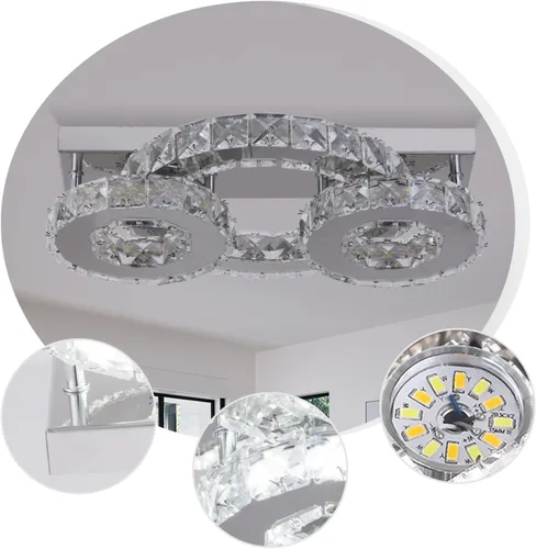 Vista 5 de Lámpara de techo de cristal regulable, moderna lámpara de techo de cristal de 3 anillos LED de montaje empotrado para comedor, dormitorio, sala