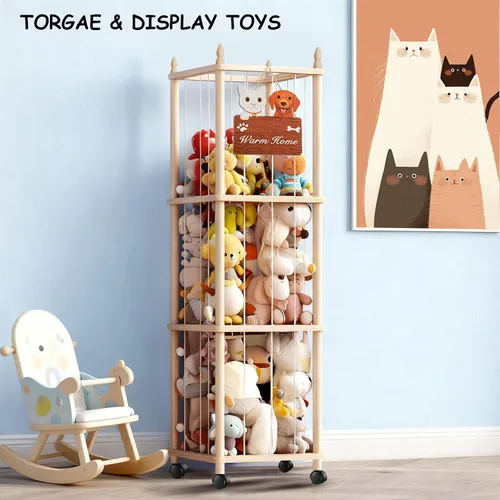 Vista 3 de Almacenamiento grande de animales de peluche con diseño de gato y perro, zoológico de animales de peluche de madera, soporte rodante para animales