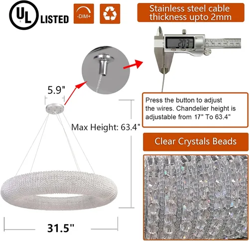 Vista 5 de Candelabros de cristal, lámparas de techo modernas, lámparas colgantes, anillo de orbe, lámpara contemporánea, ajustable, cable de acero inoxidable