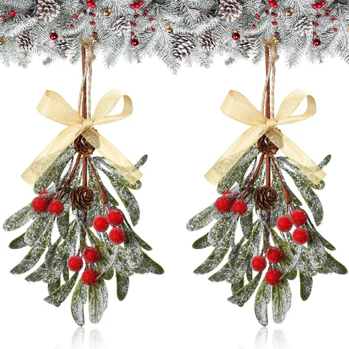 Vista 8 de Giegxin 1 pieza Adorno de Navidad Artificial de Muérdago Colgante con Lazo Rojo Bouquet de Adornos Colgantes de Navidad Floral con Piñas Naturales