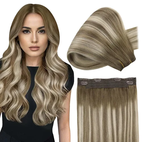 Vista 53 de Fshine - Extensiones de cabello con hilo invisible de 12 pulgadas, color rubio ceniza con reflejos de rubio decolorado, pieza de cabello humano real