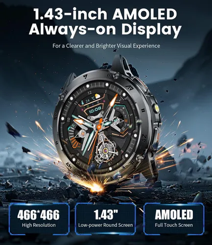 Vista 6 de SUNKTA Relojes inteligentes militares para hombres, batería grande de 530 mAh, monitor de frecuencia cardíaca AMOLED de 1.43 pulgadas, monitor
