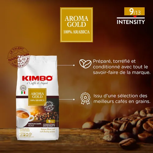 Vista 2 de Kimbo Café en grano entero, aroma dorado, 100% café Acrabica, tostado oscuro medio, intensidad 9/13, bolsa de 2.2 libras (35.27 onzas)
