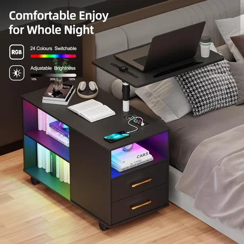 Vista 6 de Gurexl Mesita de noche LED de 360° con estación de carga inalámbrica, mesita de noche ajustable movible con bandeja para portátil, soporte de noche