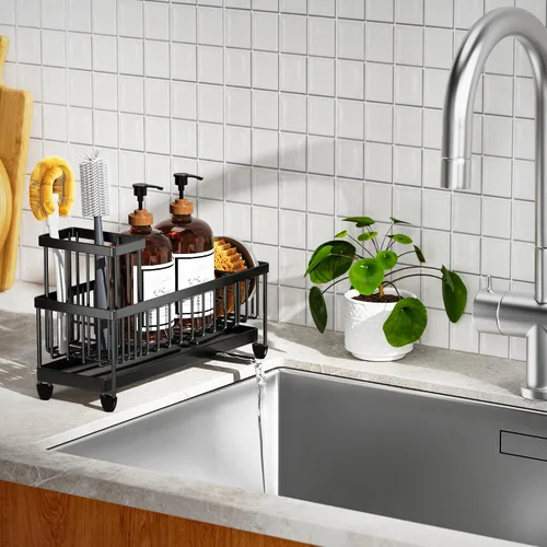 Vista 7 de Cisily Soporte de esponja negro extra grande para fregadero de cocina, organizador de fregadero con soporte alto para cepillos, organizadores