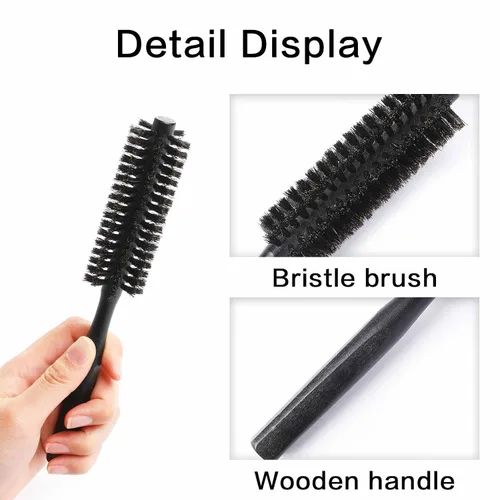 Vista 4 de Mini cepillo de pelo redondo portátil para rizar y barba con mango de madera natural, cepillo de cerdas de jabalí para secar y peinar para mujeres