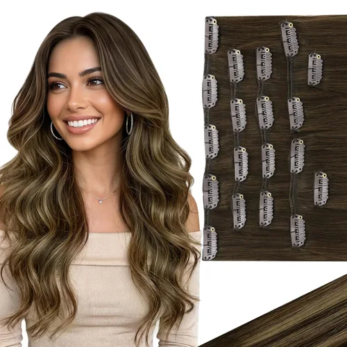 Vista 27 de Ve Sunny Extensiones de cabello clip-in de cabello humano real con reflejos, extensiones de cabello con clip para cabello corto, marrón oscuro