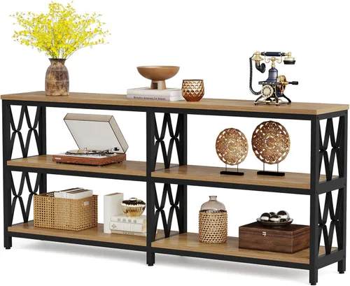Vista 9 de LITTLE TREE Mesa consola con estantes de almacenamiento, mesa industrial de 3 niveles de 70.9 pulgadas para sala de estar, mesa larga de vestíbulo