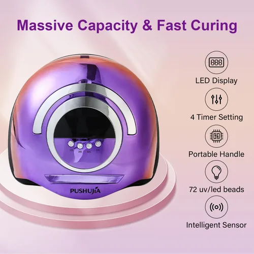 Vista 4 de Lámpara de uñas profesional de 300 W, secado rápido, sensor de movimiento automático, 4 ajustes de temporizador, cobertura uniforme de 72 LED