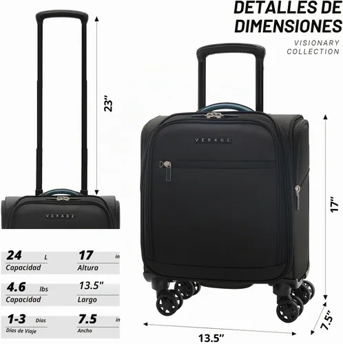 Vista 3 de Verage Equipaje de mano debajo del asiento de 14 pulgadas con ruedas giratorias y puerto de carga USB, maleta con ruedas para aerolíneas, bolsa Negro
