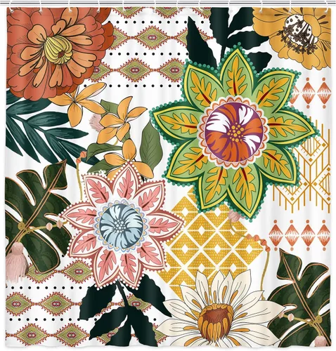 Vista 4 de Torich Cortina de ducha bohemia floral para baño, abstracta de mediados de siglo, decoración bohemia, cortinas de baño, flores botánicas, hojas
