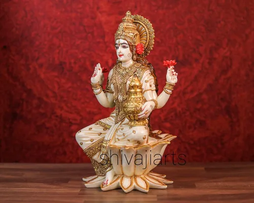 Vista 3 de SHIVAJIARTS Gran estatua Lakshmi, 12.2 in pintado a mano polvo mármol diosa lakshmi ídolo en loto. diosa hindú del dinero, riqueza, abundancia