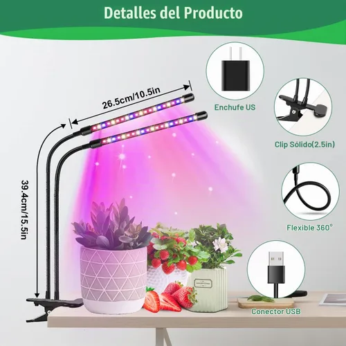 Vista 5 de Garpsen - Luces de cultivo para plantas de interior, 2 cabezales con clip, 40 LED Luz para plantas RedBlue, temporizador de 6/12/16 horas, 3