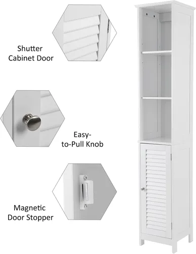 Vista 6 de HOMEFORT Armario de almacenamiento para baño, armario alto y estrecho con cubículo, gabinete de esquina delgada, torre de lino de madera, con puerta