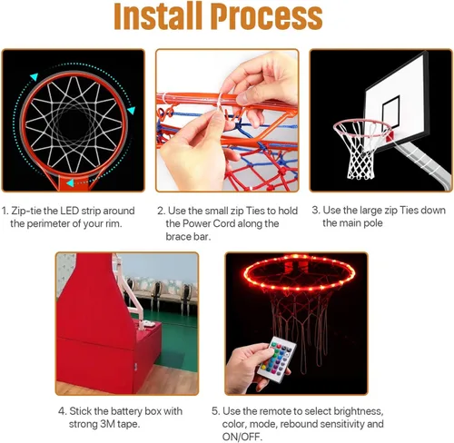 Vista 5 de Waybelive Luces LED para aro de baloncesto, luces con control remoto para borde de aro de baloncesto, 16 colores que puedes cambiar tú mismo