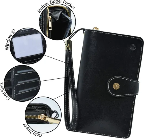 Vista 4 de Cartera de pulsera para mujer, gran capacidad con correa para la muñeca, piel auténtica, embrague triple RFID, bolso de pulsera negro, Negro