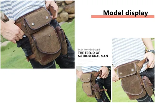 Vista 6 de Riñonera de lona para hombres y mujeres, cangurera táctica militar, bolsa de muslo para senderismo, escalada, ciclismo., Marrón, Riñonera de pierna