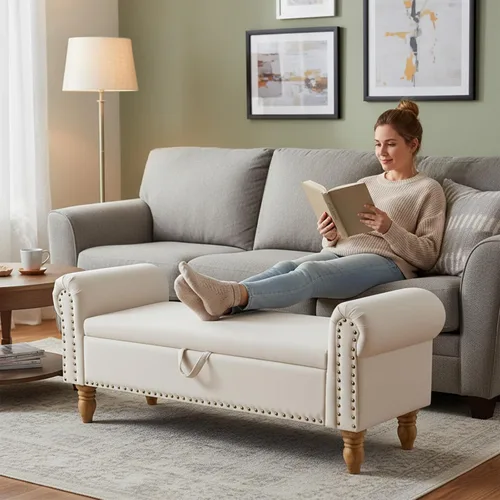 Vista 8 de Banco otomano tapizado de lino de 55 pulgadas con brazos enrollados para dormitorio, color beige