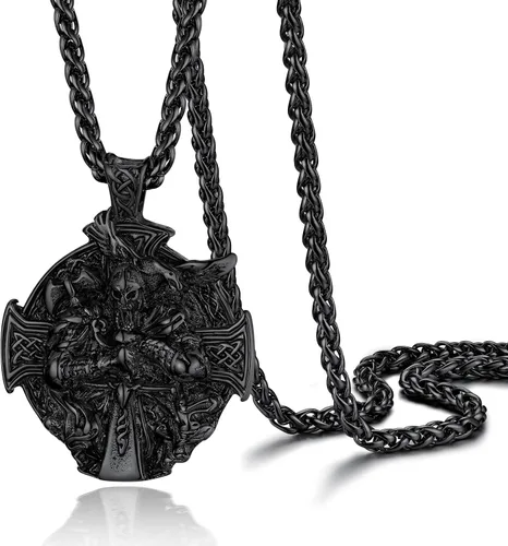 Vista 23 de PROSTEEL Thor Hammer/Thor Axe/Raven/Odin Necklace for Men Women Negro