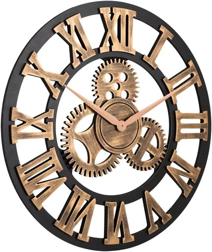 Vista 2 de Reloj de pared silencioso sin ruido de engranajes de bronce romano de 33 pulgadas – Gran 3D Retro rústico campestre decorativo de lujo, arte grande