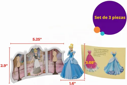 Vista 6 de DecorSet® Disney Princess Cenicienta Transforms Decoración para pastel, juego de 4 piezas para pastel de cumpleaños con figura y pegatinas de vestido
