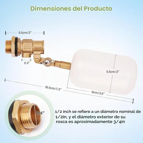 Vista 3 de Válvula de flotador de 1/2 pulgada, válvula de flotador de agua de latón con brazo ajustable, válvula de bola flotante de llenado automático y 1/2