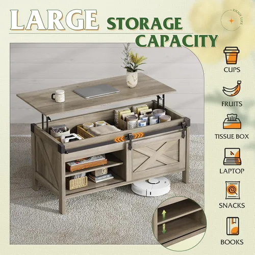 Vista 4 de WLIVE Mesa de Centro con Tapa Elevable, Mesa de Centro Estilo Granja de 39.4 pulgadas con Gran Compartimento de Almacenamiento Oculto, Puertas