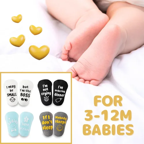 Vista 5 de InnoBeta Juego de calcetines para bebé con citas divertidas (4 pares) calcetines para recién nacidosbebés para baby shower, revelación de género