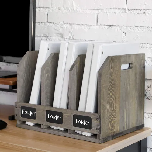 Vista 3 de MyGift Revistero de madera con 3 compartimentos y etiqueta de pizarra, organizador de archivos de escritorio, organizador de documentos de oficina