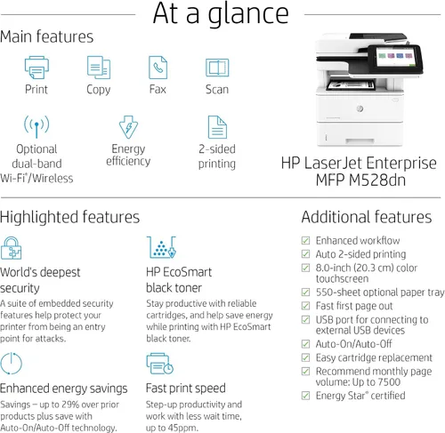 Vista 6 de HP LaserJet Enterprise MFP M528dn Impresora monocromática todo en uno con Ethernet integrado e impresión de 2 caras (1PV64A)