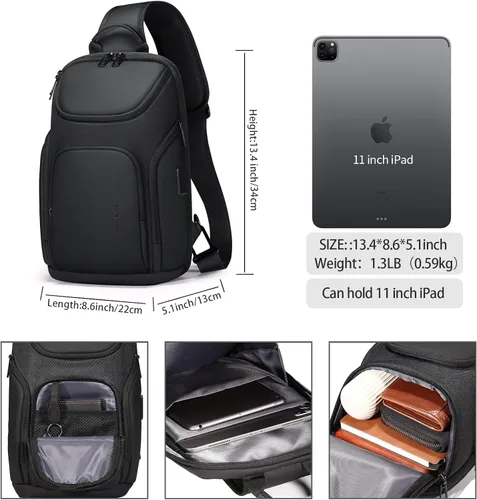 Vista 3 de FENRUIEN Bolsa bandolera negra, bolsa cruzada grande para tableta de 11 pulgadas con USB, mochila bandolera de hombro para hombre, mochila casual